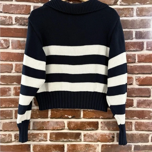 Quince 100% Organic Cropped Cotton Polo Sweater in Navy & White, Medium - Picture 7 of 8